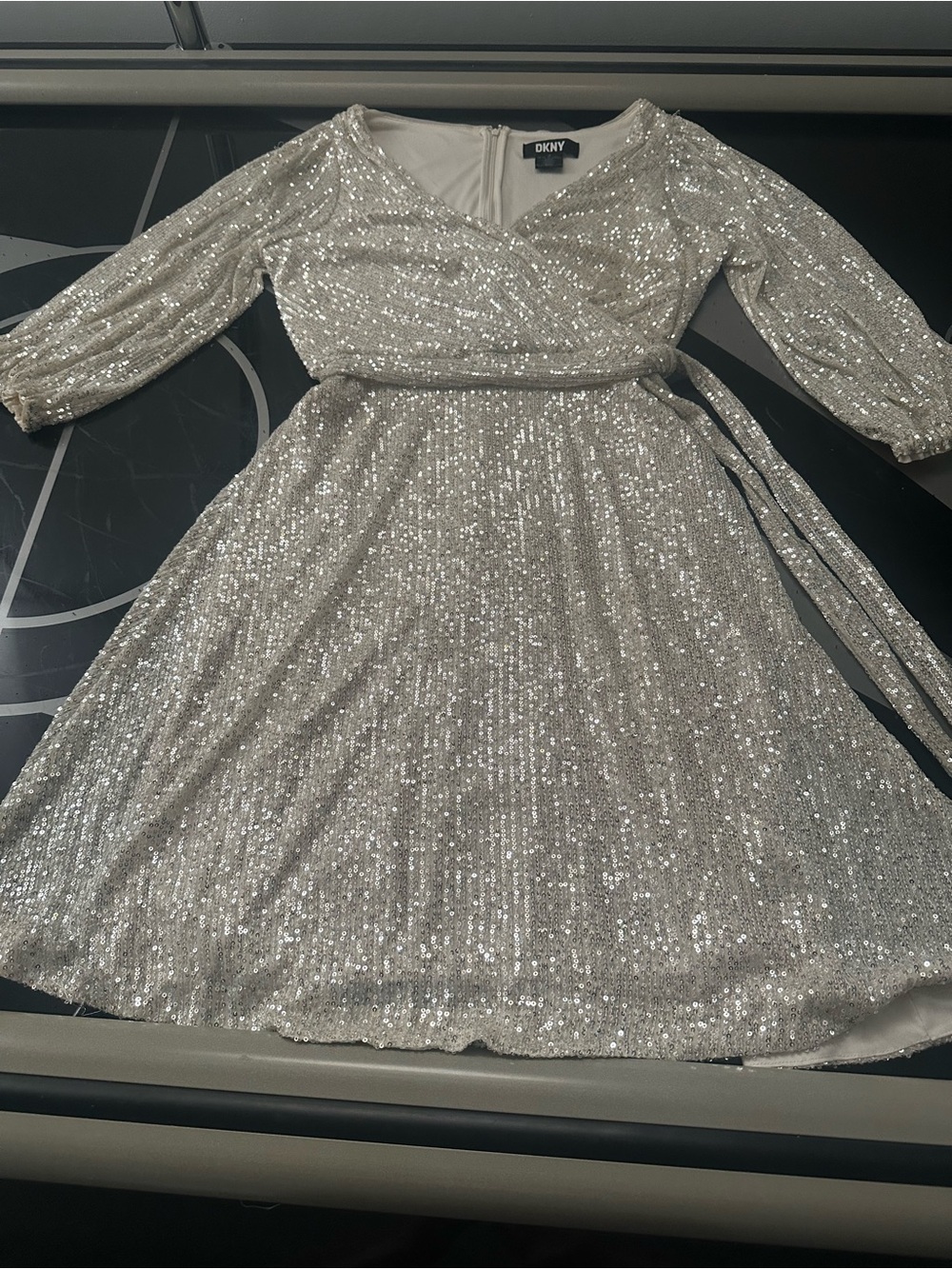 DKNY Silver Sequined Long Sleeve Wrap Dress